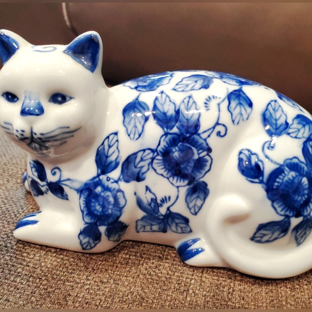 Blue and White Porcelain Cat Figurine